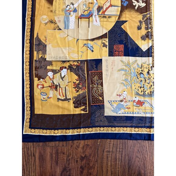 NEW Asilk Women’s Traditional Japanese SILK Scarf 42” Square Yellow & Blue Fine! - Picture 3 of 7